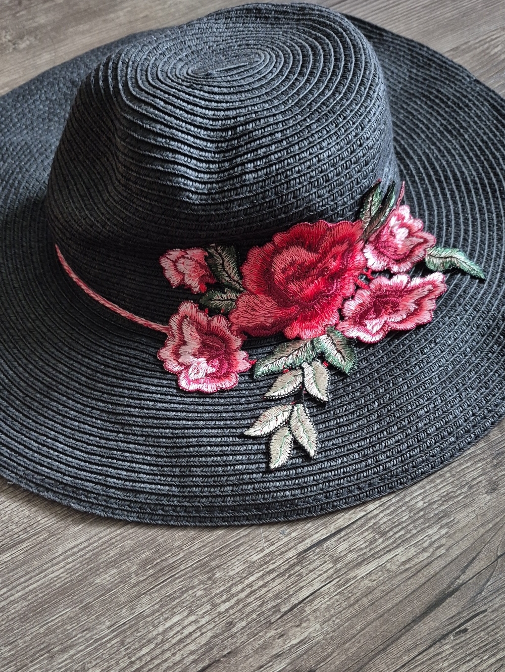 C.C. Black Straw Sun Hat with Red Floral Embroidery
